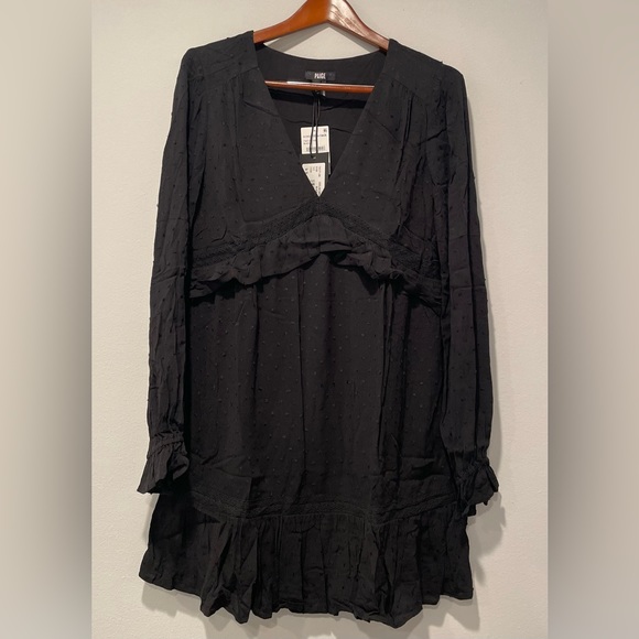 PAIGE Women's Odelise Dress Long Sleeve Angled Bust Seams Lace Trim in Black, - Picture 13 of 14